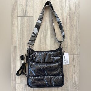Ah•dorned Black Nylon Puffer Bag with Camo Print and Black Straps NWT